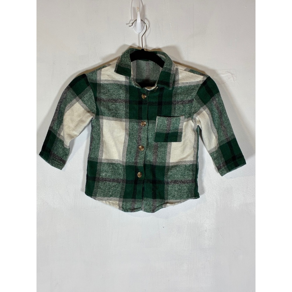 Boys 2-3Y Green Plaid Flannel Shacket Button Up Long Sleeve Shirt Thick